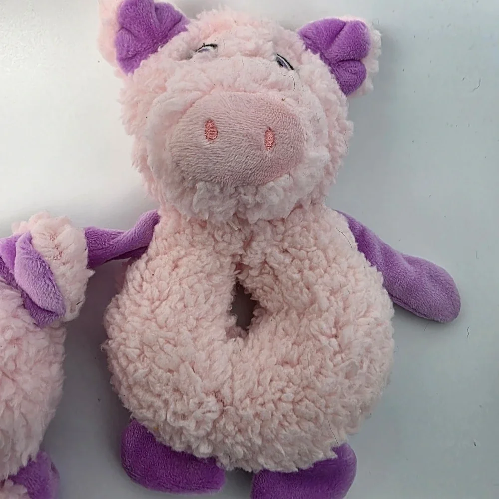 Happy Pig Plush Dog‎ Toys Pink Purple Soft Squeaky Ring Shape 3 Count